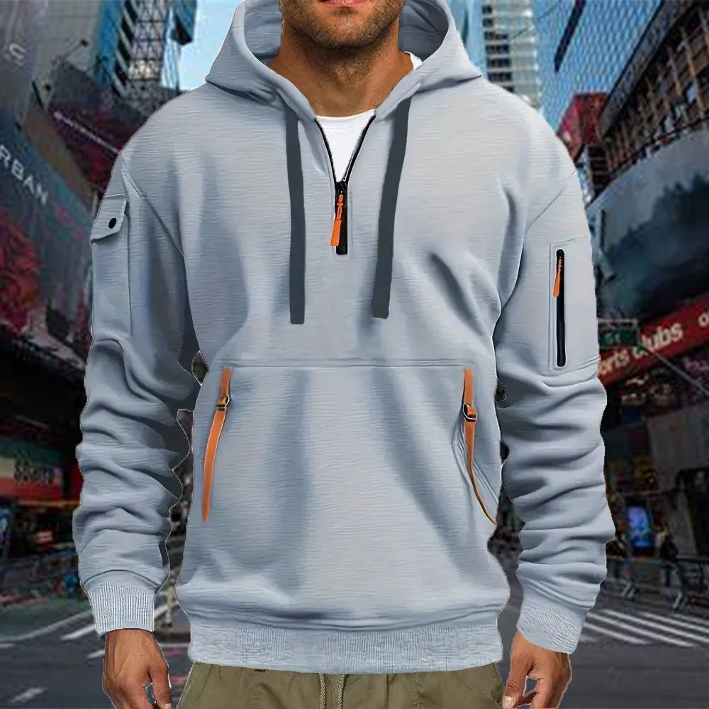 Moletom esportivo casual masculino primavera outono moda cor sólida pulôver de manga comprida com bolso no braço e corda de tração plus size