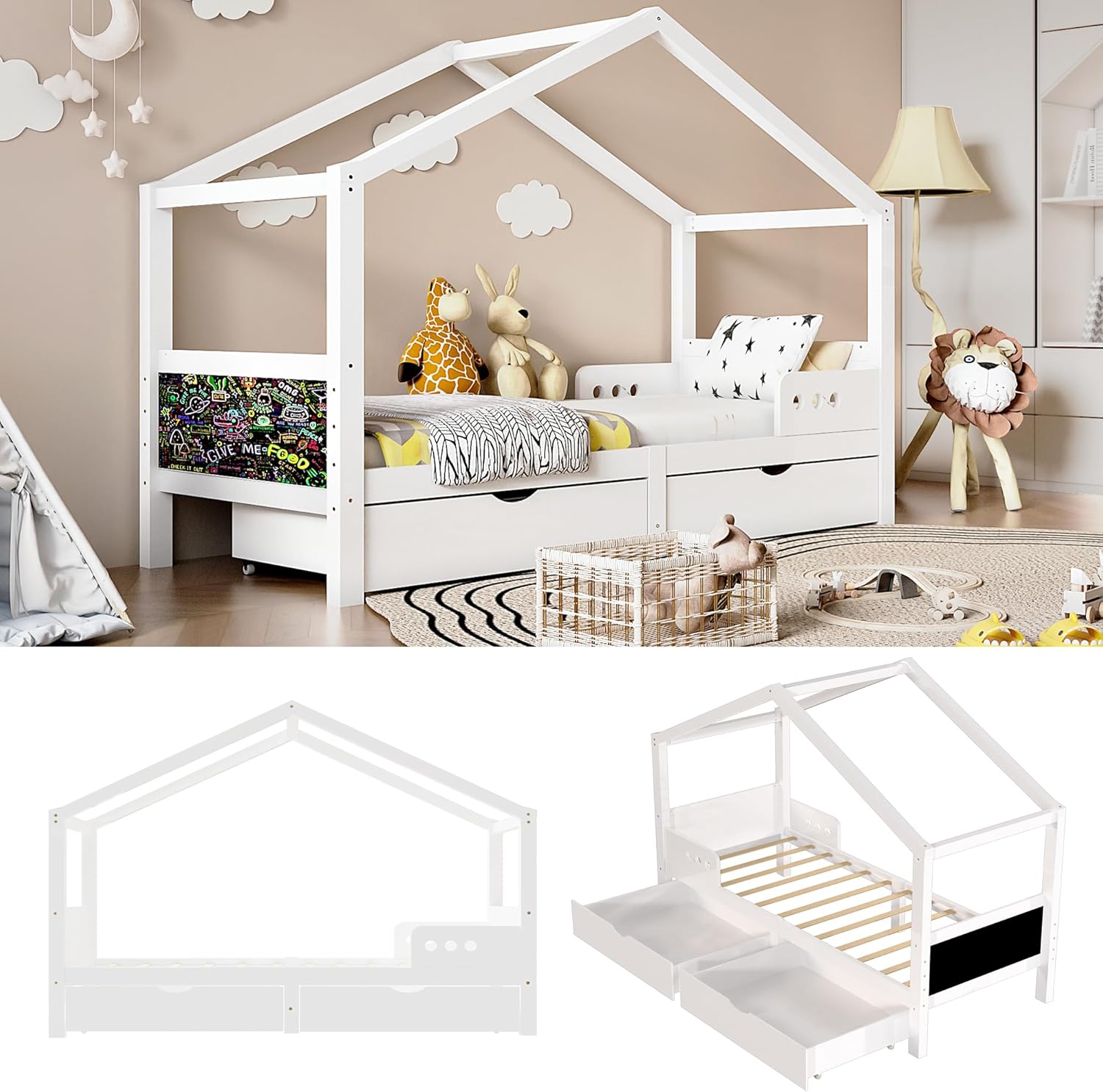 Cama Infantil de 90 x 200 cm – versátil Cama Infantil de Madera para niños y niñas (Blanco + 2 cajón)