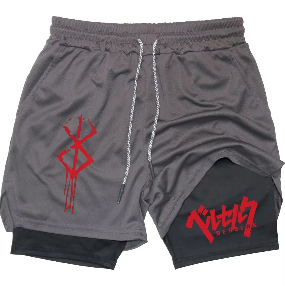 Anime Berserk Performance Shorts Herren 2-in-1 Lauf-Kompressionsshorts Training Yoga Gym Sportbekleidung Workout-Shorts mit Taschen