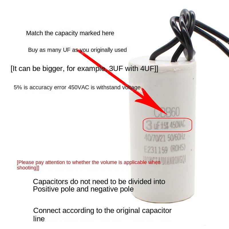 Condensadores de funcionamiento de Motor CBB60 450V AC condensador de arranque 5% 3/4/5/6/8/10/12/14/15/16/18/20/25/30/40/45/50/60UF para lavadora