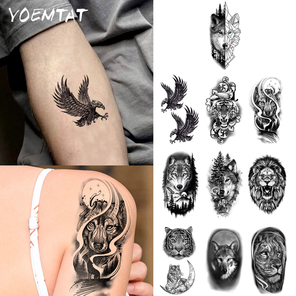 10 stücke Wasserdicht Temporäre Tattoo Aufkleber Wolf Löwe Tiger Adler Kleine Tier Körper Kunst Arm Gefälschte Tatto Hülse Frauen Männer Hand handgelenk
