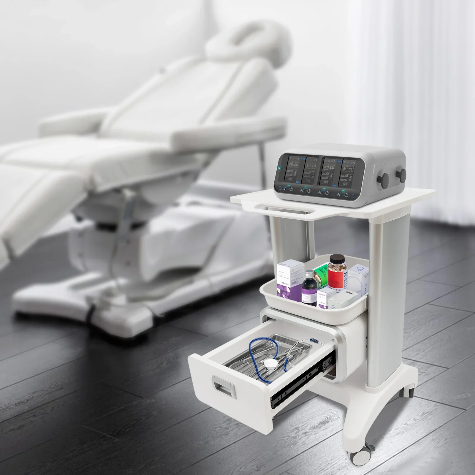 Wózek medyczny mobilny z szufladą, wózek na ultrasonograf, wózek do przechowywania sprzętu kosmetycznego, wózek uniwersalny, wózek dentystyczny na kółkach do kliniki, salonu.