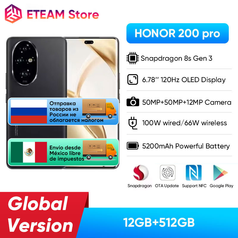 2024 versión Global HONOR 200 Pro Snapdragon 8s Gen 3 5G teléfono inteligente 6,78 ''120Hz AMOLED 5200mAh batería grande 100W SuperCharge