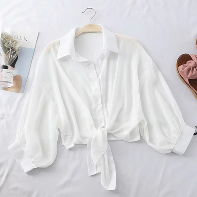 Damska letnia szyfonowa koszula z półrękawkiem Casual Loose Button Hollow White Clothes Elegancka bluzka w jednolitym kolorze z wiązaną talią 9776