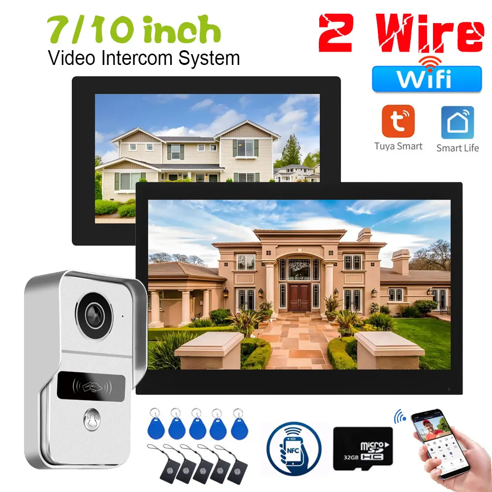 Новый 2-проводной 7-дюймовый Tuya Wi-Fi 1080P видеодомофон видеодомофон 10-дюймовый цветной сенсорный экран 32G карта дверной звонок дверная система безопасности