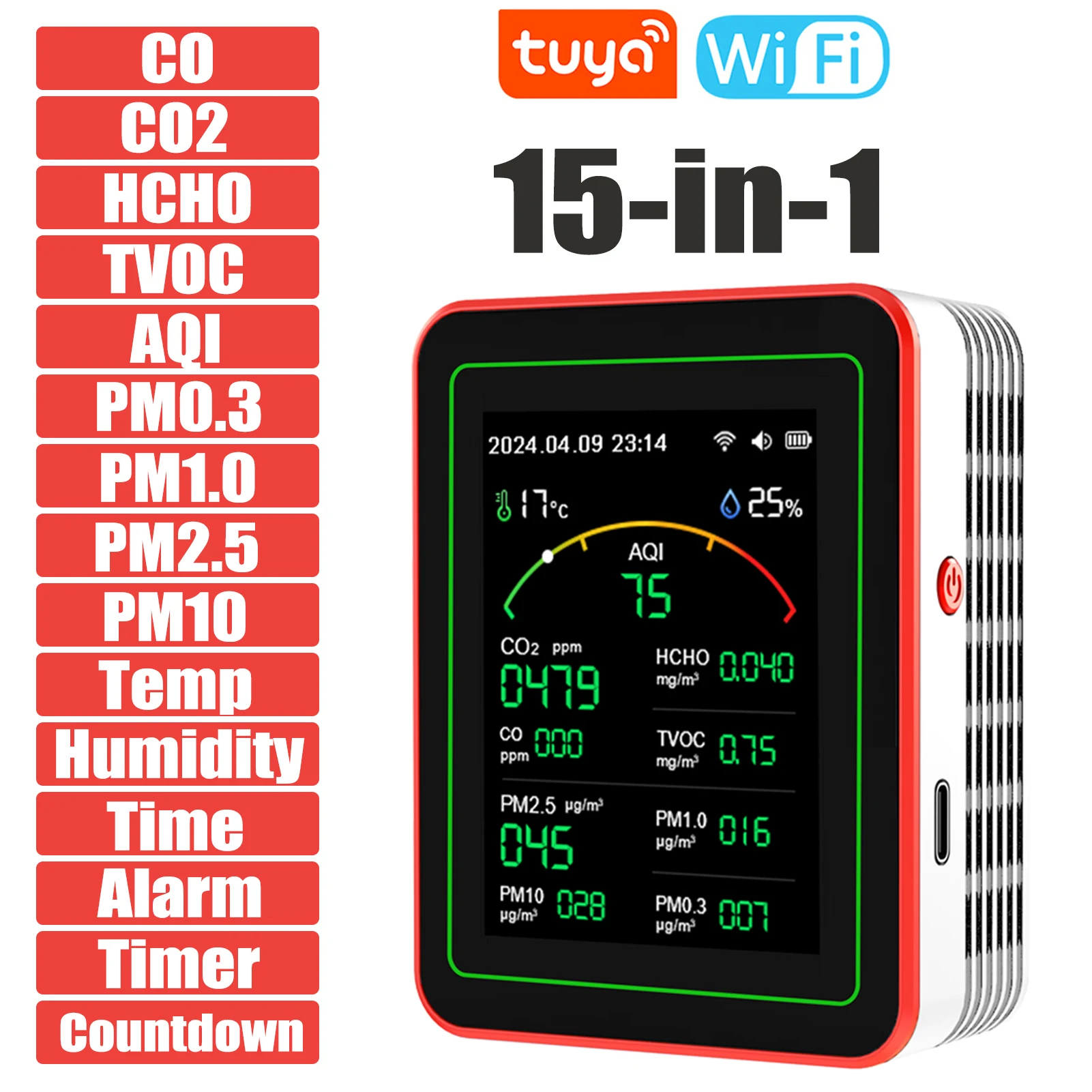 homeair качественный мониторTuya WiFi 15 в 1TFT Дисплей Портативный AQI PM0.3 PM1.0 PM2.5 PM10 CO CO2 TVOC HCHC Тестер Приложение Co 이xxx화화ği소 Viss정기