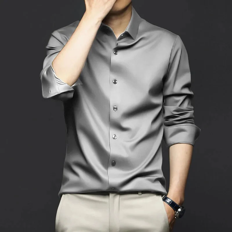 50-120KG S-6XL Men's Blue Shirt Business Leisure Social Fashion High Quality Ice Silk Shirt Casual Work Top