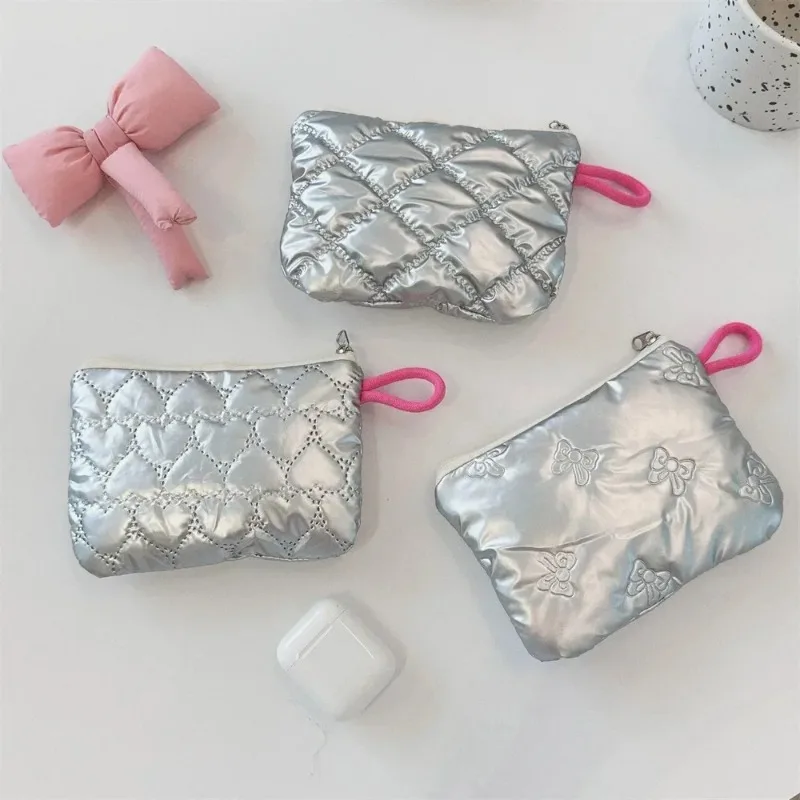 Monederos con diseño de lazo Lingge plateado, monedero pequeño de lona para mujer y niña, bolsa de almacenamiento con cremallera para llaves y monedas