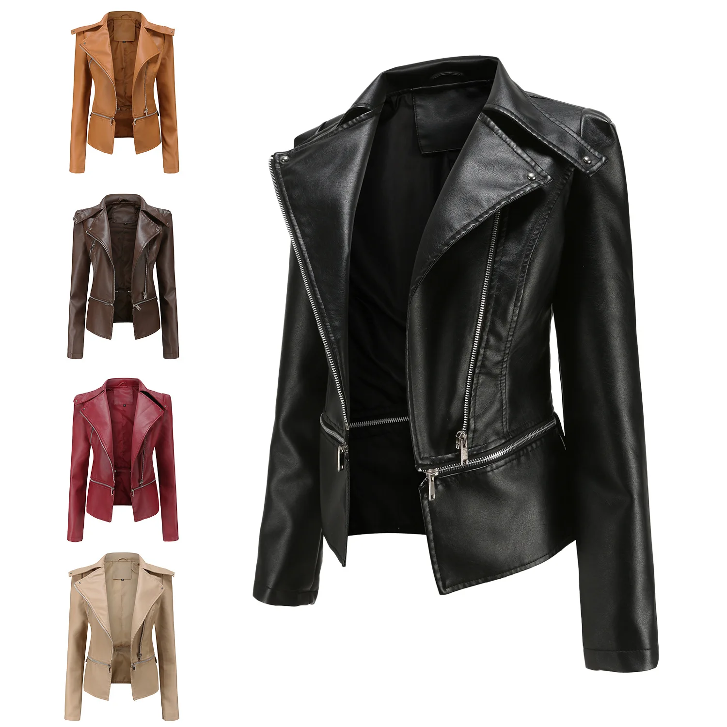 Chaqueta de cuero PU para motocicleta para primavera y otoño, abrigo de cuero informal para mujer, prendas de vestir sólidas con cuello vuelto de manga larga para mujer