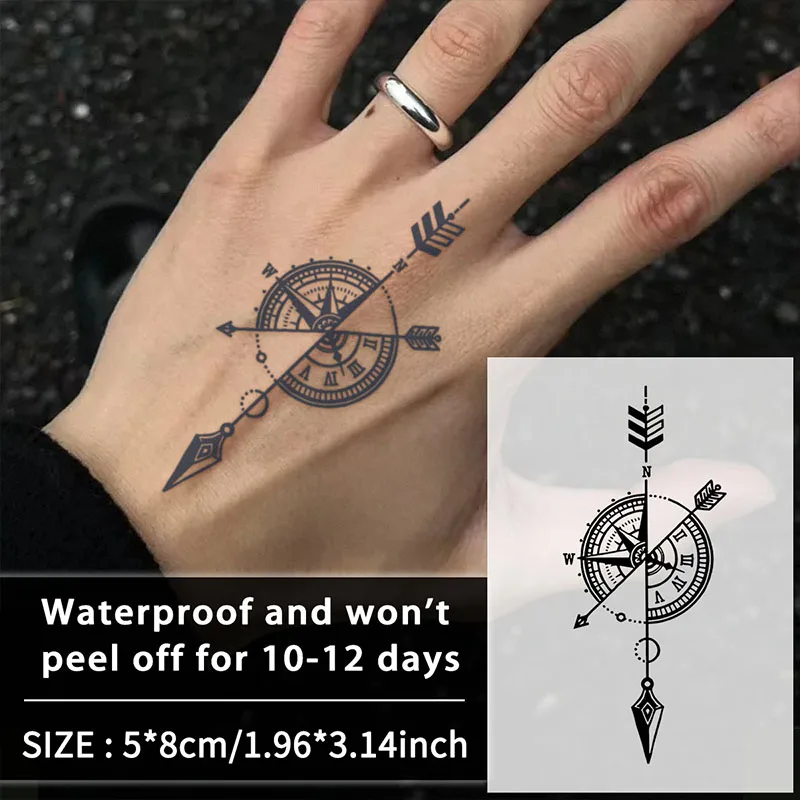 1-teiliger Kompass und Uhr, wasserdicht, temporäre Tattoo-Aufkleber, langlebig, wasserdicht für ein bis zwei Wochen, für den Arm von Mann und Frau.