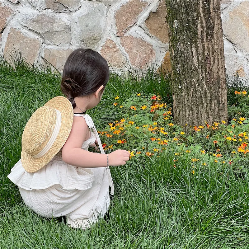 Conjunto de ropa de algodón para niños, camiseta sin mangas con tirantes, pantalones de pierna ancha, trajes de verano para niñas coreanas