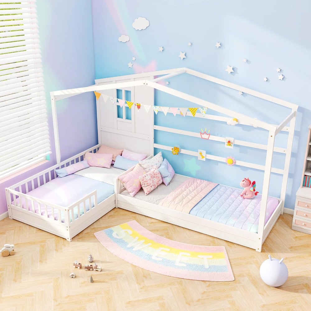 Double Twin Beds for Kids, House L-Shaped Platform Beds with Window & Fences, Wooden Corner Montessori Bed Frame for Boys Girls