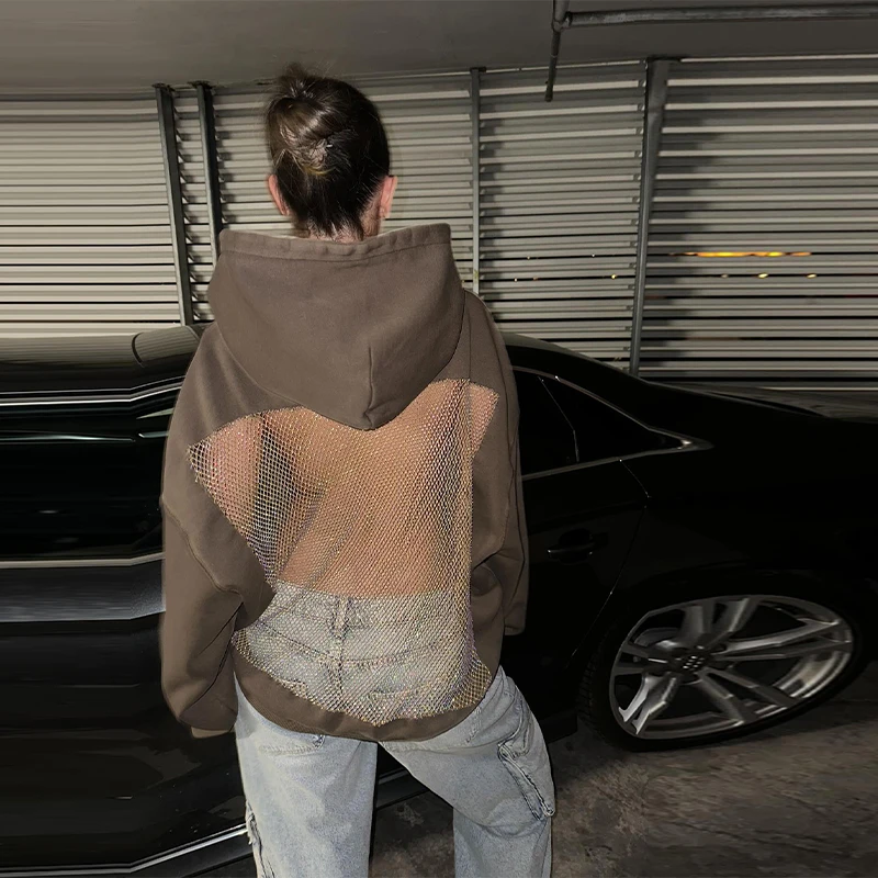 Sudadera gótica de manga larga con espalda descubierta para mujer, Sudadera con capucha de malla hueca Sexy, jersey Y2K translúcido brillante, Top para chica picante 2025