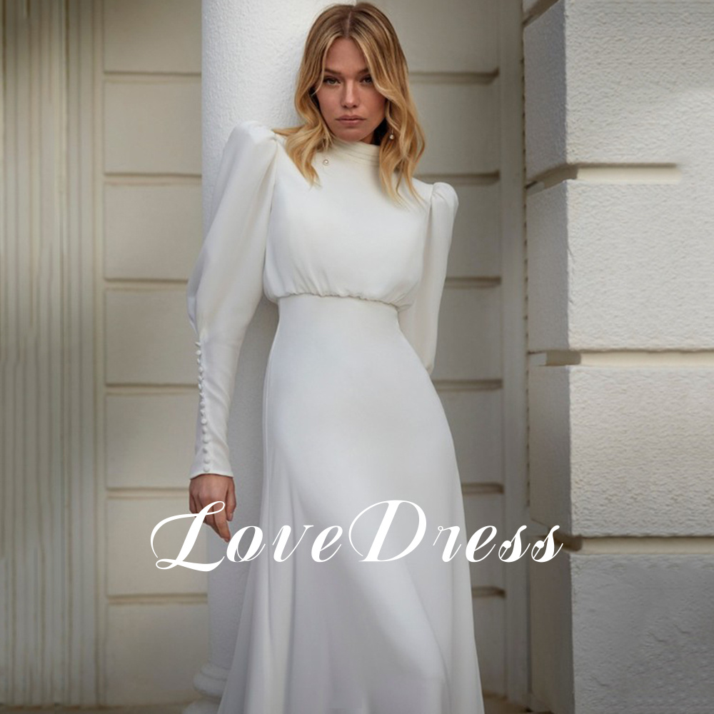 Aangepaste moderne hoge hals witte chiffon trouwjurk vrouwen lange lantaarn mouw plooien schede bruid jurk knop sweep trein