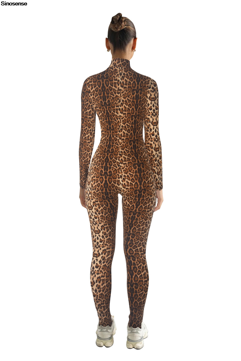 ผู้หญิงเสือดาวพิมพ์ One Piece ออกกําลังกาย Jumpsuits คอยาวแขนยาว Zip Up Zip Up Romper SEXY Night Out Club PARTY ชุด