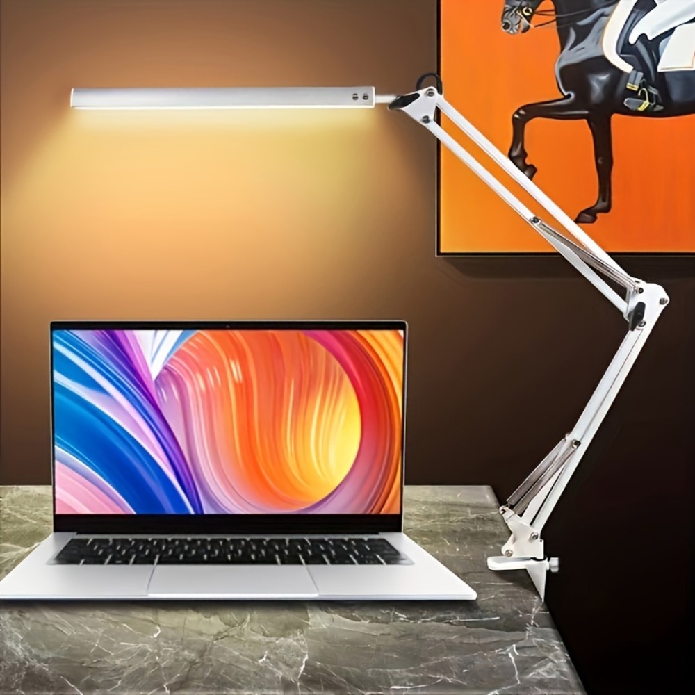 Lámpara de escritorio LED de 10W con abrazadera, brazo oscilante, luz de escritorio regulable para el cuidado de los ojos, 10 niveles de brillo, 3 modos de carga USB