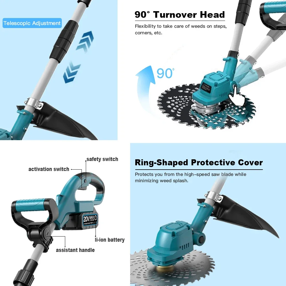 Cortador de grama elétrico sem escova, 9 polegadas, sem fio, jardim, aparador de grama, dobrável, ferramentas de capinação para makita, bateria de 18v