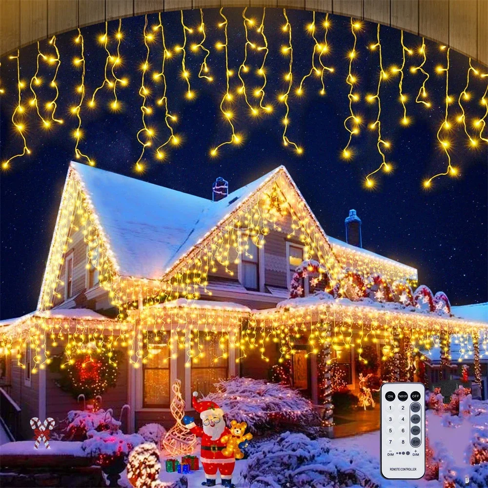 Adornos navideños para el hogar, cortina LED para exteriores, guirnalda de luces tipo carámbanos, guirnalda de calle en la casa, decoración de invierno de 4-80M de Año Nuevo