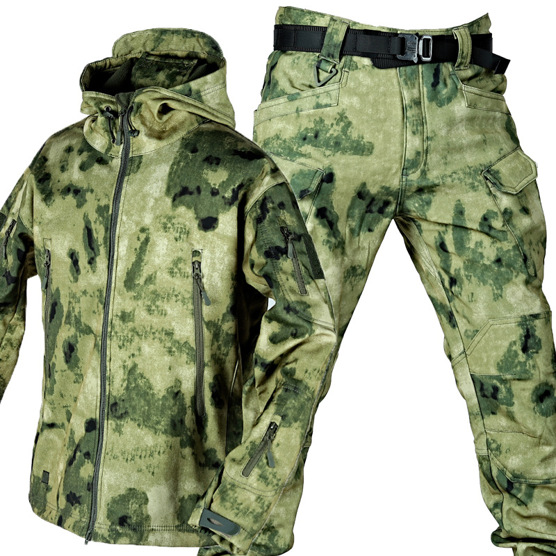 Herren Winter Camo Zipper Anzug Wasserdichte Taktische Training Sets Multi-tasche Mit Kapuze Jacke Fleece Hosen Outdoor Jagd Trainingsanzug
