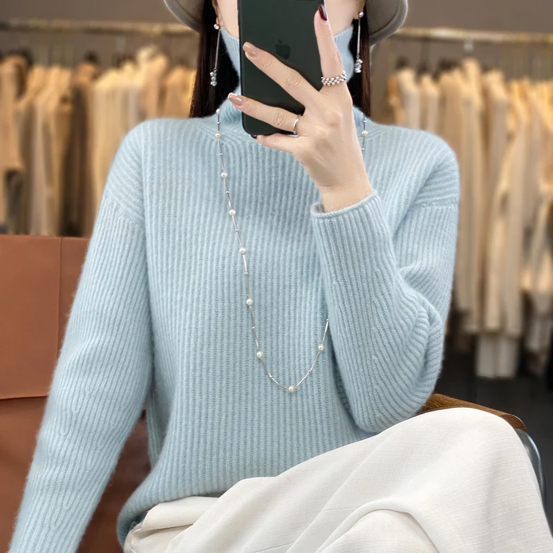 Sweater wanita rajut leher tinggi, atasan wol kasmir 2023, Pullover rajut Mode Korea tebal musim gugur dan musim dingin 100%
