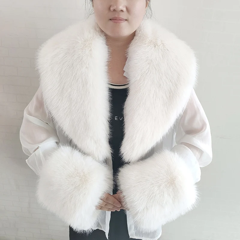 Bufanda grande de piel de zorro sintética para mujer, chaquetas cálidas y esponjosas, conjunto de puños y cuello de piel Artificial a la moda, bufandas esponjosas para mujer