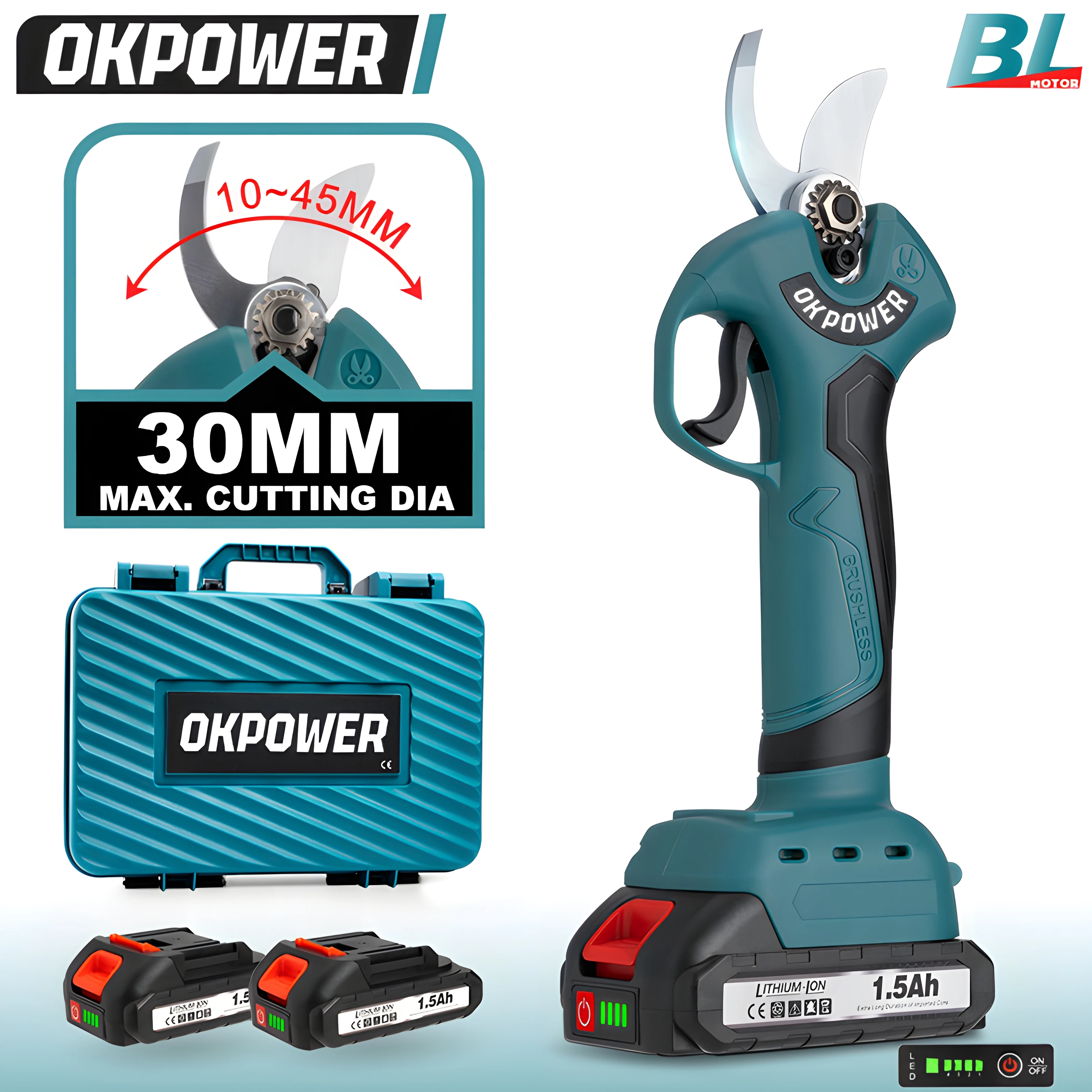 30MM 21V 브러시리스 전기 가위 4 기어 무선 가지 치기 가위 Makita 18V 배터리 용 플라스틱 상자가있는 원예 분재