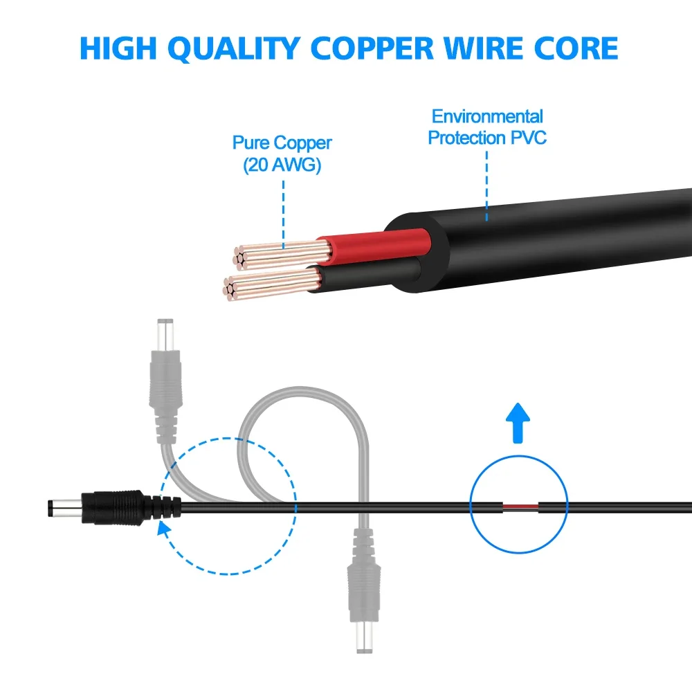 5 M/16.5FT DC12V สายไฟขยายสายไฟ 2.1*5.5 มม.ชายหญิงปลั๊กสําหรับกล้องวงจรปิด Wifi การเฝ้าระวังกล้องสายไฟ
