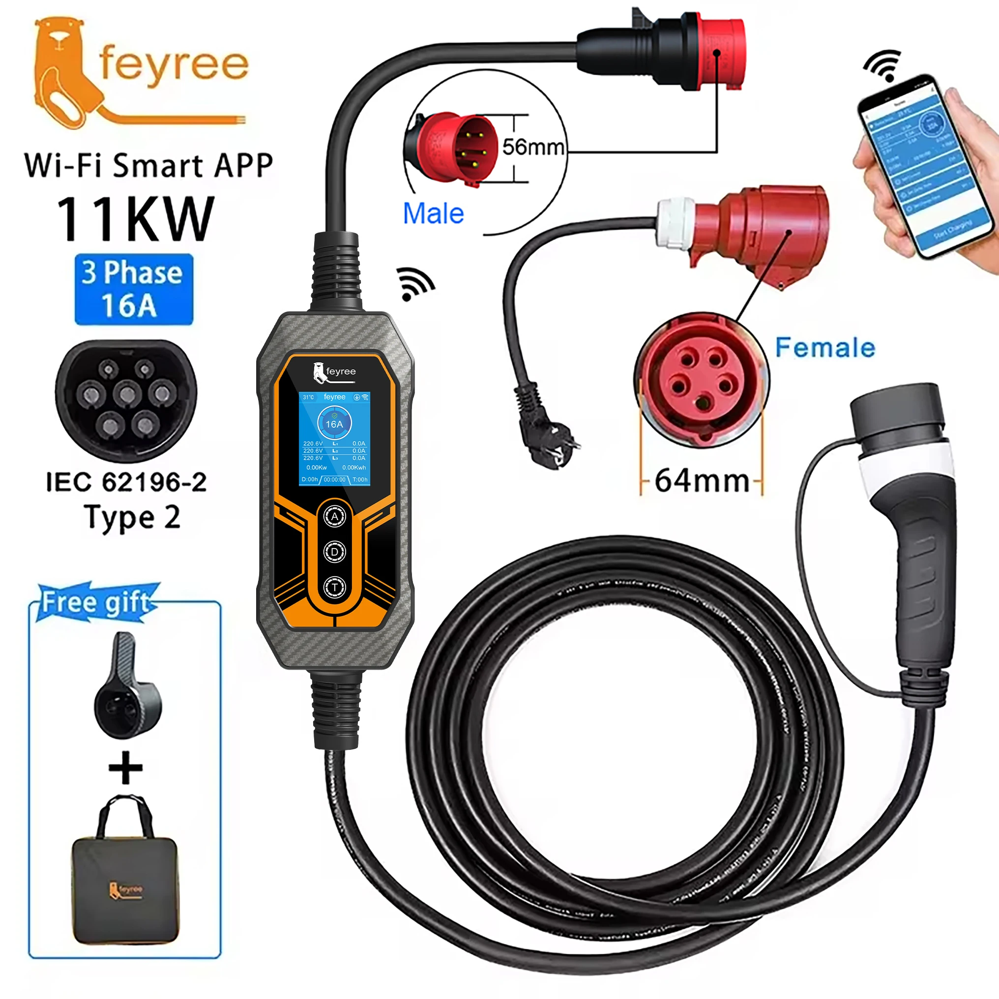 feyree 11KW 16A 3 Phase Type 2 Portable EV Charger Wi-Fi APP Bluetooth Version EVSE Charging Cable 5m CEE Plug for Electric Car