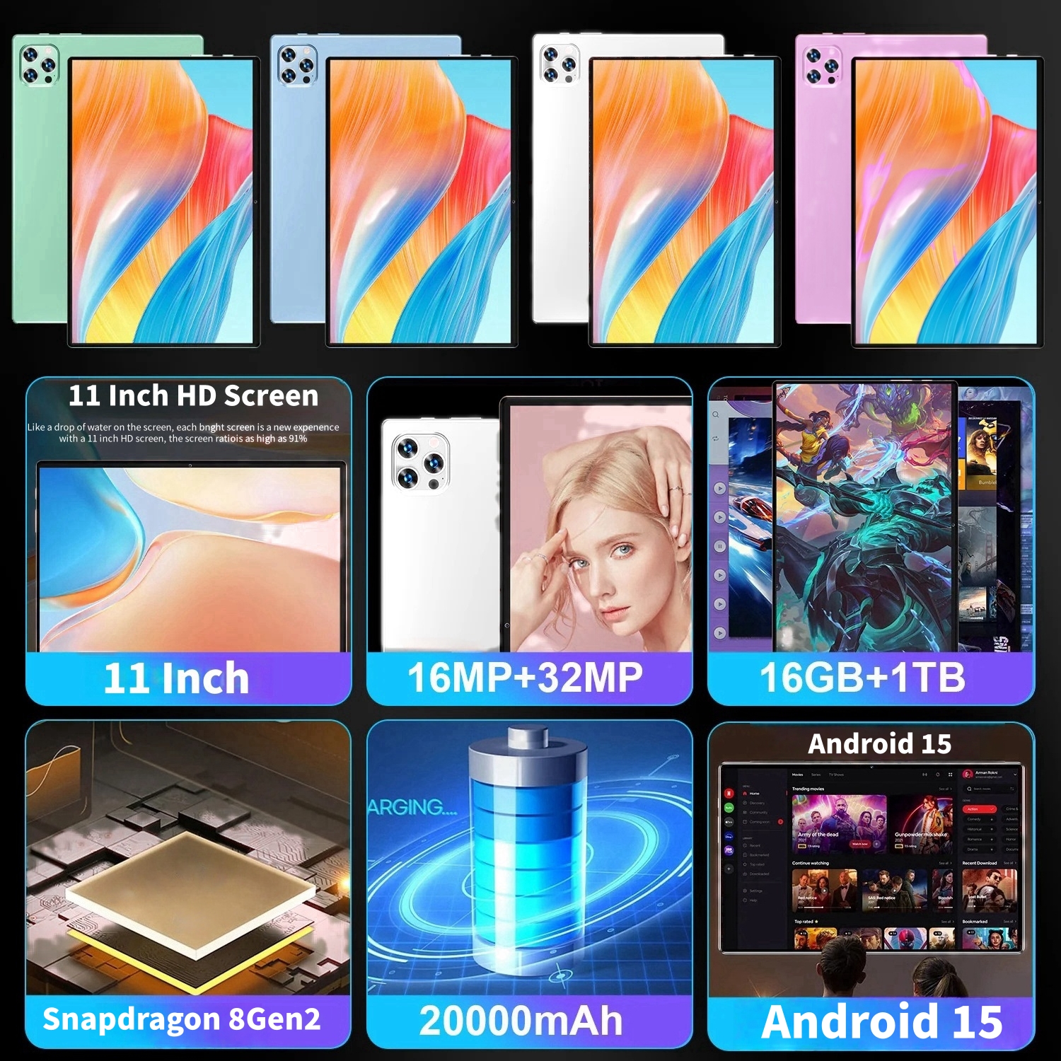 2025 Original PAD 15 Pro Tablet  Android 15 Snapdragon 8Gen2 11 Inch HD 16GB+1TB 20000mAh 5G Dual SIM Bluetooth WiFi Tables PC