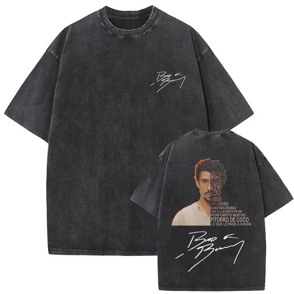 Washed Vintage Rapper Bad Bunny Face Graphic T-shirt DeBi TiRAR MaS FOToS DTMF Print T Shirts Men Hip Hop Retro Oversized Tshirt