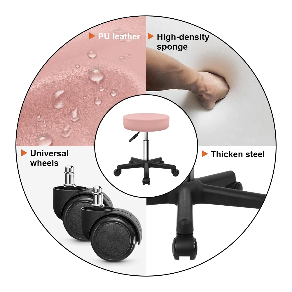 KKTONER Round Rolling Stool PU Leather Height Adjustable Swivel Drafting Work SPA Salon Stools Chair with Wheels (Pink)