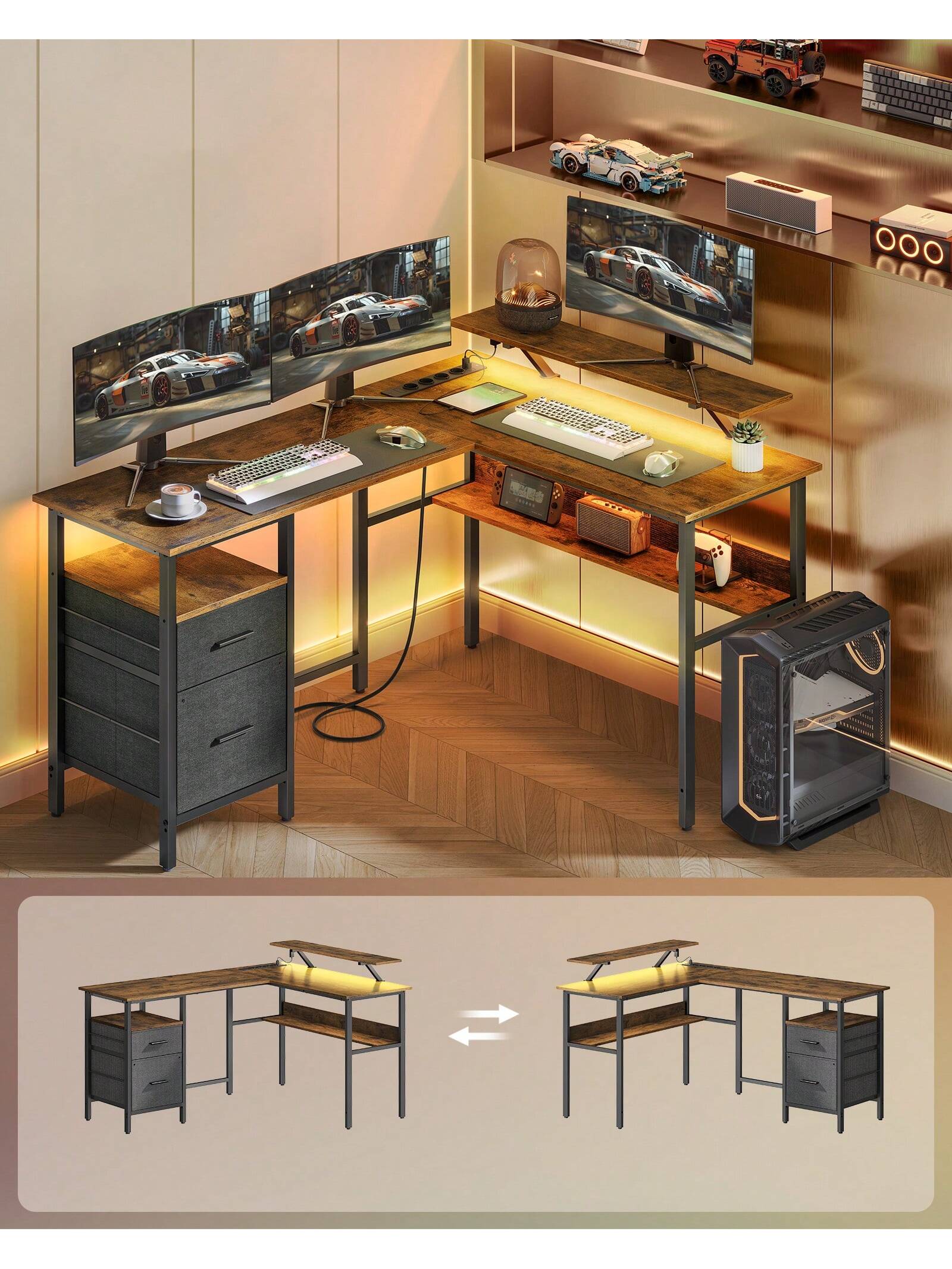 VASAGLE L-Shaped Gaming Desk: Power Outlets, Monitor Stand, LED Lights. 2 Drawers, Easy Assembly. Home Office. Rustic Brown.