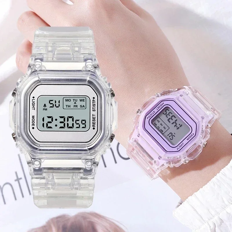 ใหม่แฟชั่นโปร่งใสนาฬิกาอิเล็กทรอนิกส์ LED สุภาพสตรีนาฬิกาข้อมือกีฬานาฬิกาอิเล็กทรอนิกส์กันน้ํา Candy Multicolor ของขวัญนักเรียน
