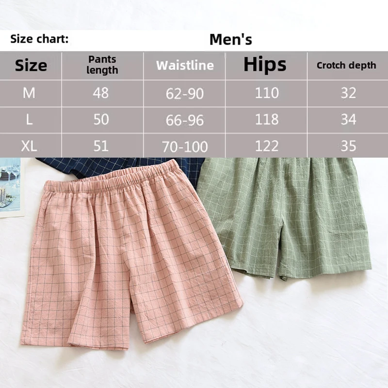 Calções masculinos de algodão, cor sólida, simples, soltos e respiráveis, calças de dormir para estudantes, cintura elástica, calças de pijama xadrez