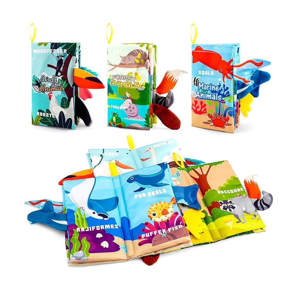 Set di libri sensoriali in stoffa 3 in 1 con suono increspato - Giocattoli interattivi per animali/marini/uccelli senza BPA per bambini da 0 a 12 mesi |   Montessor lavabile