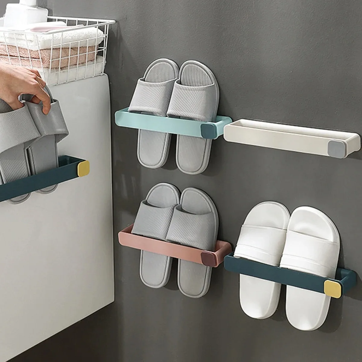 No Drill Wall Mounted Bathroom Slipper Shelf - 1-Tier Space Saving Shoe Rack Hanging Organizer, Punch-Free Installation