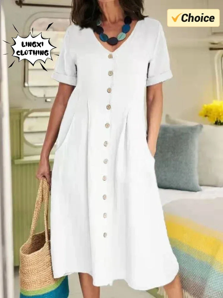 2024 Zomer Nieuwe Katoen En Hennep Plus Size Jurk Met Korte Mouwen En Enkele Rij Knopen Elegante Losse Gevouwen Casual Jurk