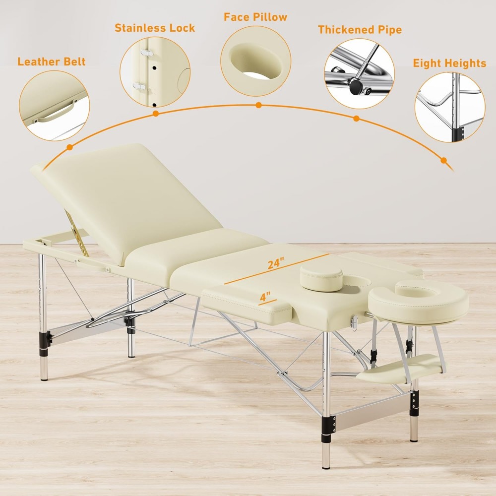 Massage Table Portable 84" Long 24" Wide Professional 3 Sections Reclining Massage Bed Lash Bed, Aluminium Adjustable Estheticia