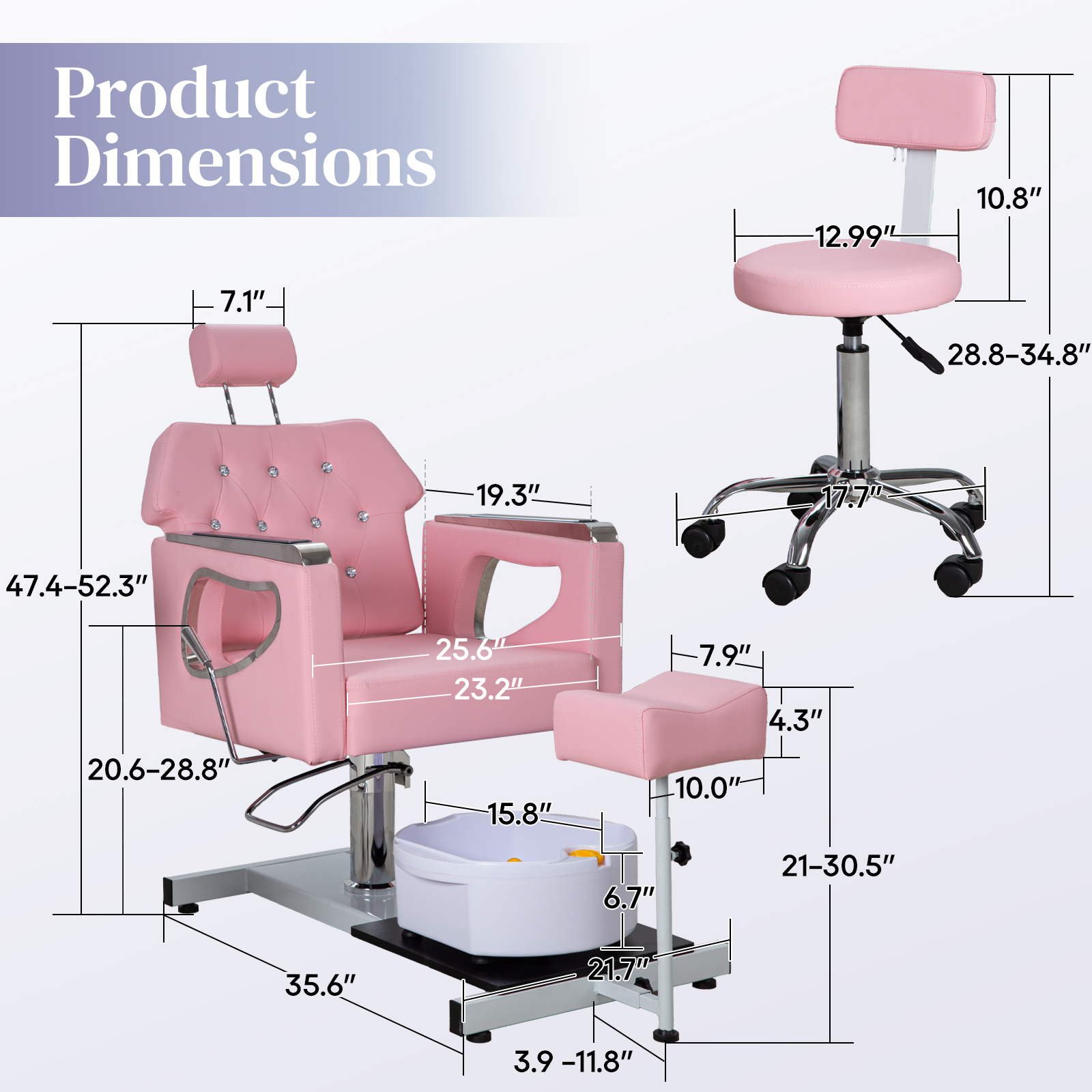 Pedicure Chair No Plumbing, 360° Swivel Hydraulic Adjustable Reclining Station with Massage Foot Bath & Footrest for Nail Tech,