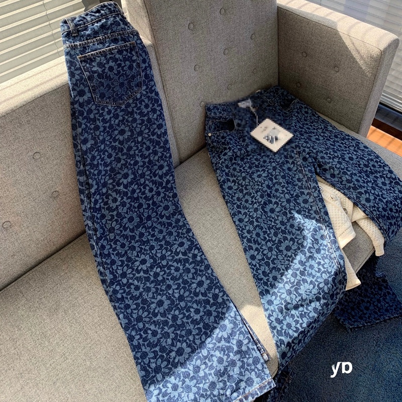 Jennie Fashionable Slim Straight Jeans Petite Floral Pattern Super Thin Denim Trendy Women's Clothing Ethnic Stage Wear