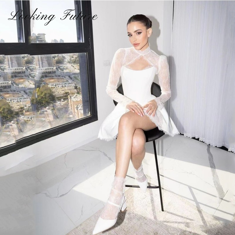 Customized Elegant Lace Short Wedding Dresses Strapless Full Sleeve Mini Bride Dresses Anove Knee 2026 Sexy Tassel Wedding Gowns