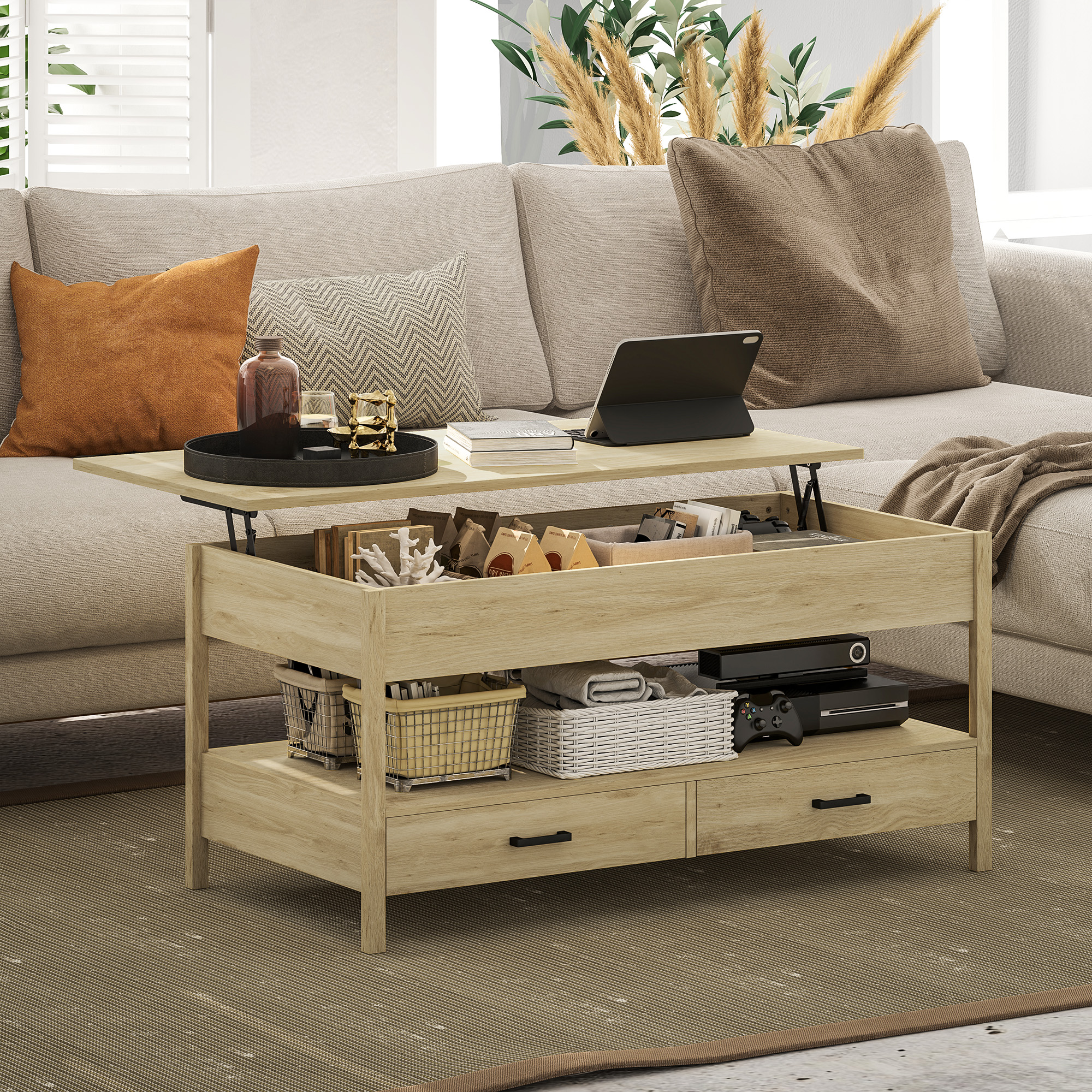 Homcom anhebbarer Couchtisch mit Stauraum, verstecktem Fach, Schubladen und offenem Regal, 100 x 50 x 48–62 cm, Eiche