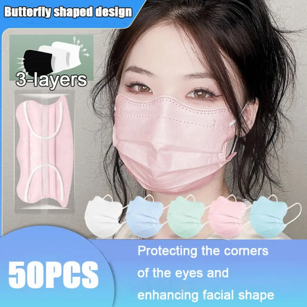 Masque facial jetable en forme de papillon, 50 pièces, respirant, 3 couches, couleur Morandi, couverture faciale de protection, masque Anti-poussière en V