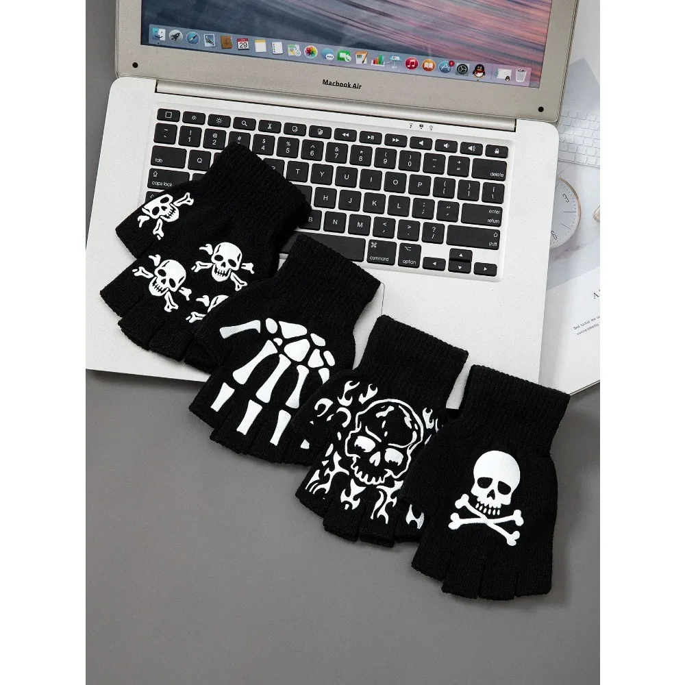1 pçs novo esqueleto de halloween crânio meio dedo luvas punk inverno crânio sem dedos luva preta