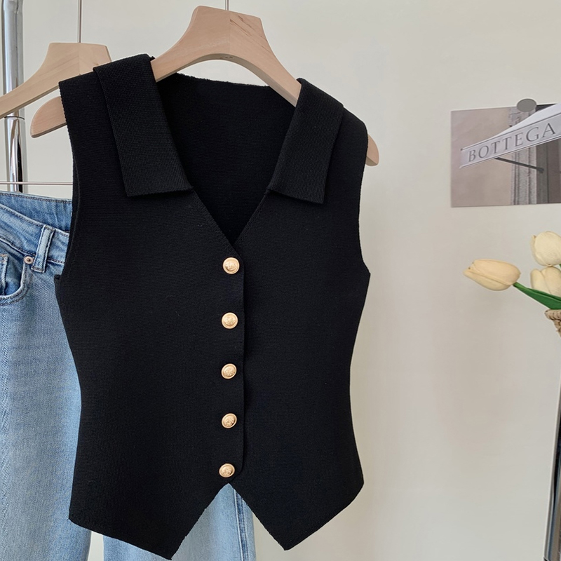 1 Uds. Chaleco de punto ajustado sin mangas con cuello en V y temperamento francés para mujer