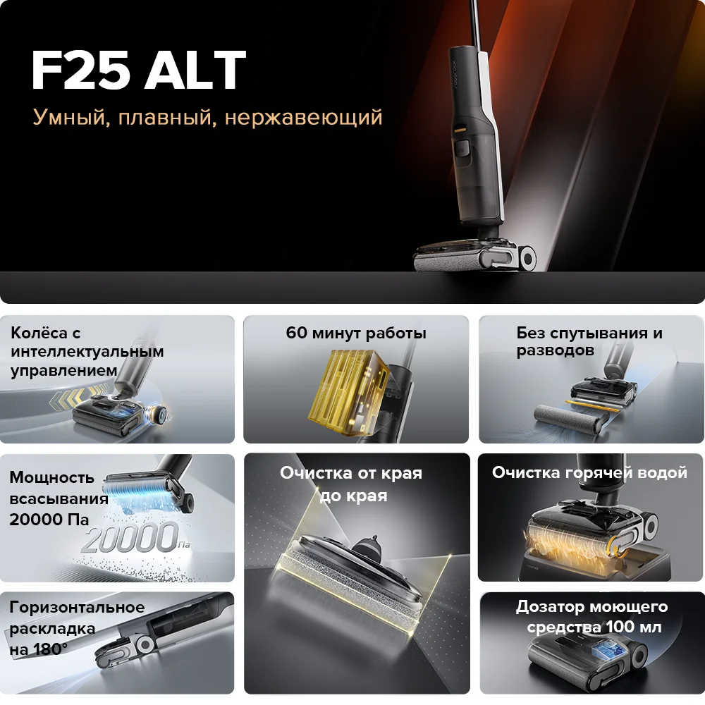 Roborock Dyad Pro upgrade F25 ALT Аккумуляторный пылесос для влажной и сухой уборки, горячее воздухо, самосохнущая и самоочистка со светодиодным экраном