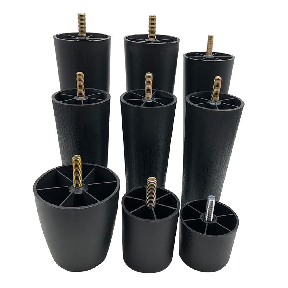 Pernas redondas cônicas de plástico preto para móveis, pés altos 25-180mm, almofada antiderrapante com haste de rosca m8 m10 para sofá e cadeira