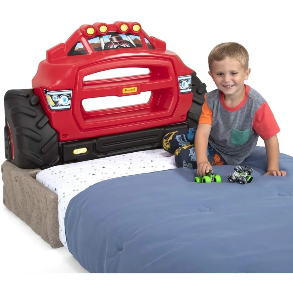 Monster Truck Bed Headboard, Twin Size Plastic Car Bed Headboard for Kids, Toddlers and Boys with Toy Car Storage