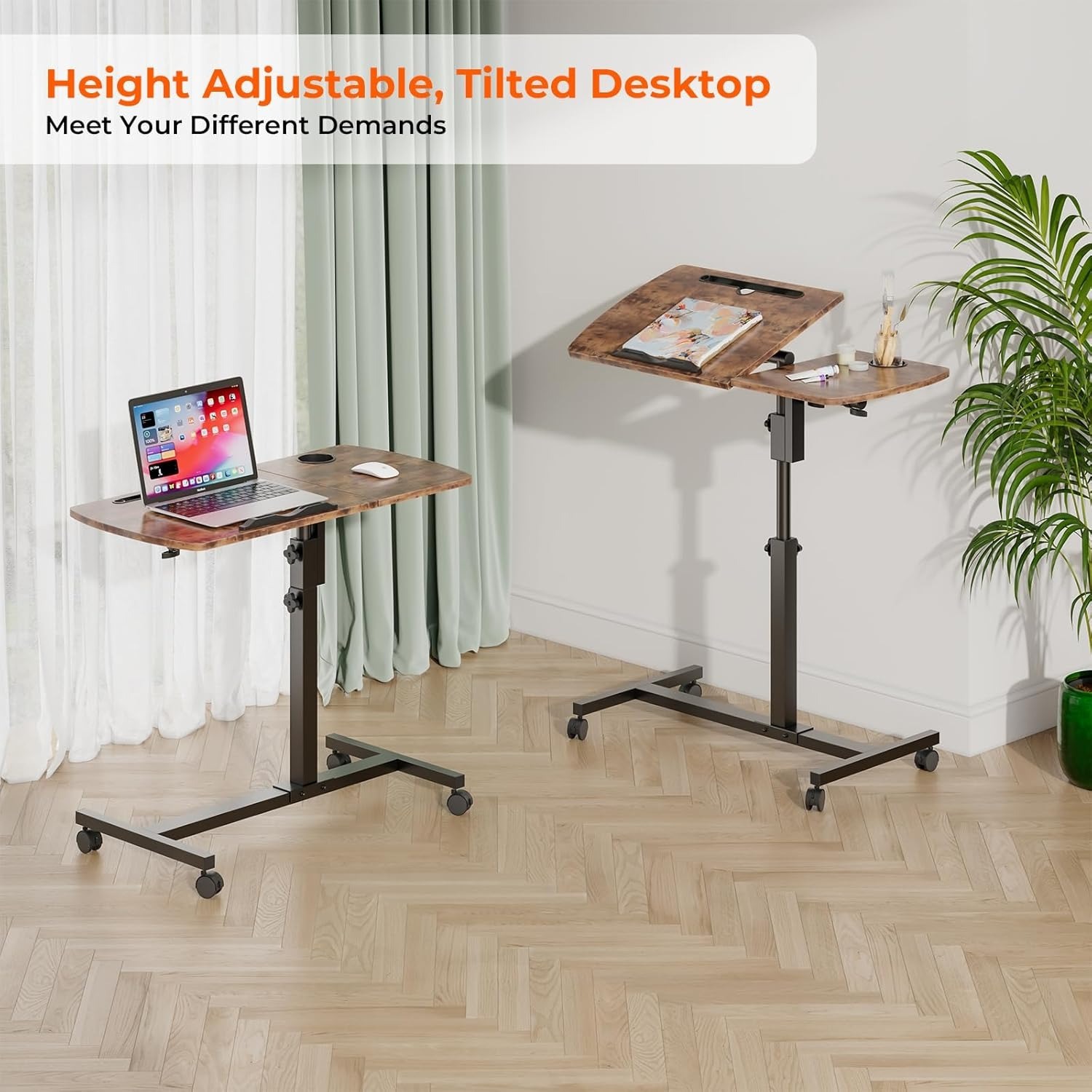 Height Adjustable Rolling Laptop Desk Over-bed Table with 2 Tilting Desktops, Mobile Bedside Sofa Side Table Standing Desk