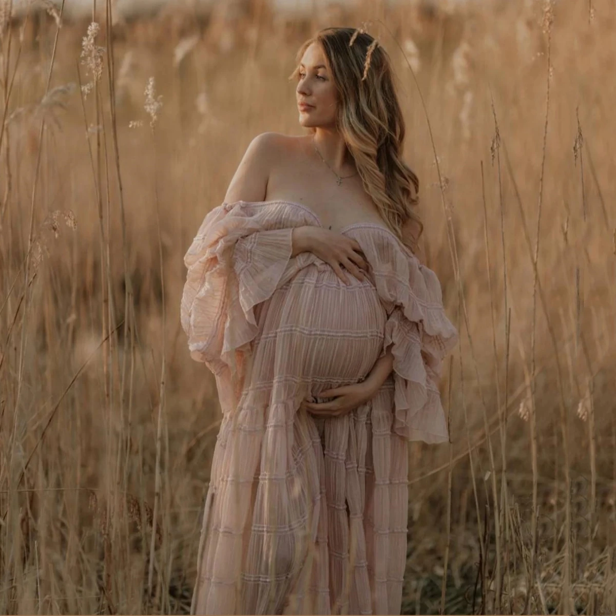 จีบชีฟอง Boho สไตล์คลอดบุตรถ่ายภาพชุดอาบน้ําเด็ก Maxi ชุดหญิงตั้งครรภ์ Photo Props ชุด